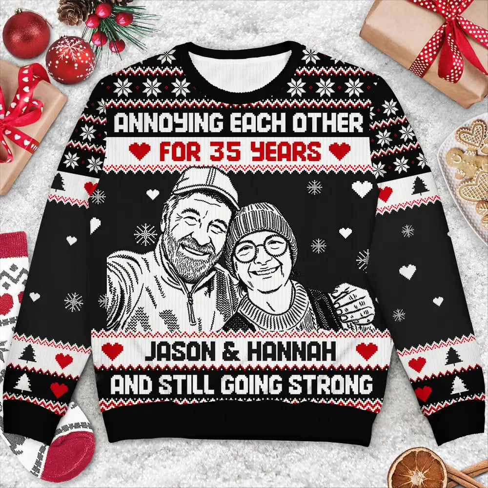 Art Design, Christmas, Custom Photo, Gift For Couples, Old Couples, Photo -  Knit-Style Line Art, Romantic - Christmas Gift For Couples - Personalized Custom Photo Annoying Each Other For Many Years Unisex Ugly Sweater