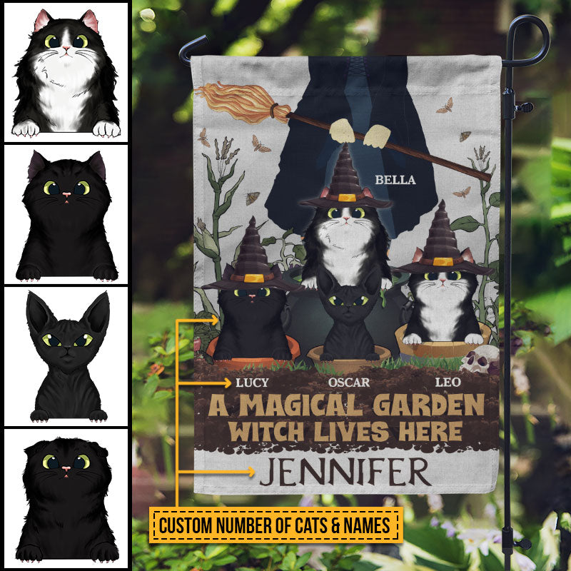 A Magical Garden Witch Lives Here With Black Cat Custom Flag, Personalized Witch Flag, Black Cat Garden Decor