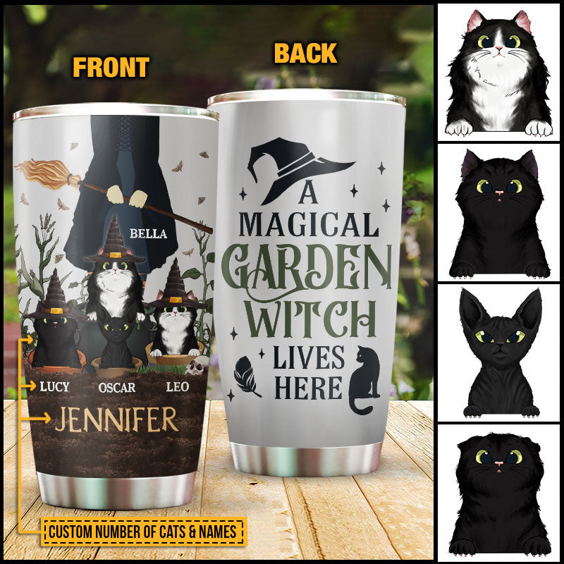 A Magical Garden Witch Lives Here With Black Cat Custom Tumbler, Personalized Witch Tumbler, Black Cat Tumbler