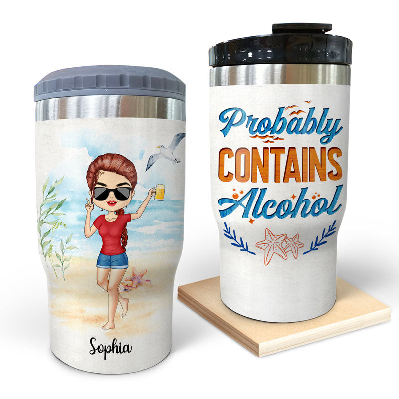 Probably Contains Alcohol Drinking Beach Girl Boy - Gift For Yourself - Personalized Custom Triple 3 In 1 Can Cooler