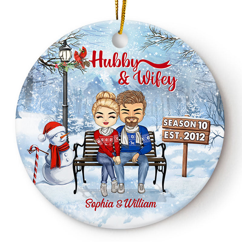 Christmas Family Couple Hubby And Wifey Season - Gift For Couples - Personalized Custom Circle Ceramic Ornament