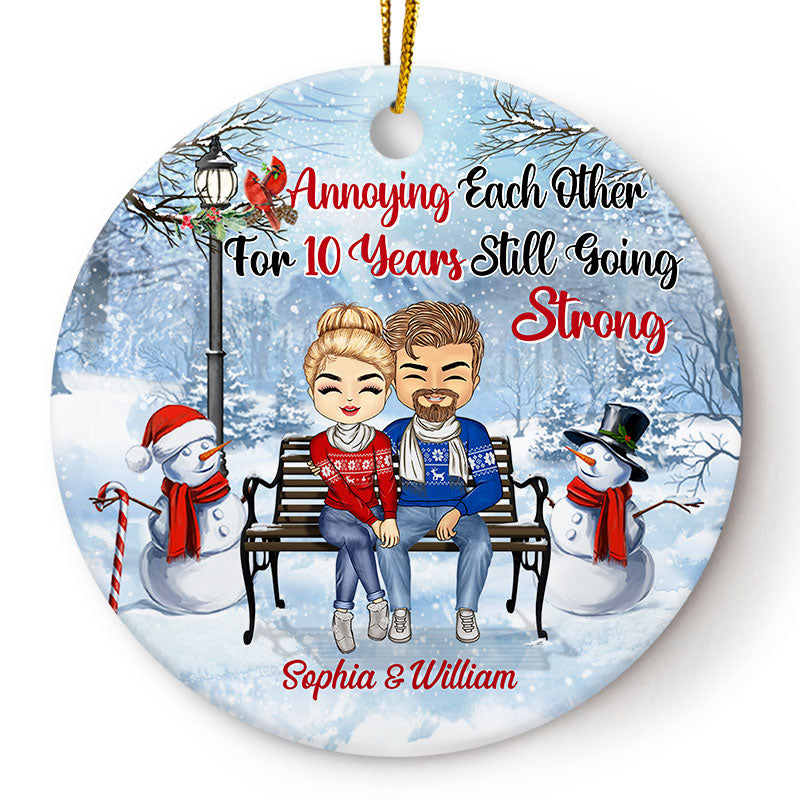Christmas Family Chibi Couple Annoying Each Other For Years Still Going Strong - Gift For Couples - Personalized Custom Circle Ceramic Ornament
