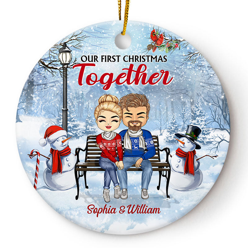 Christmas Family Chibi Couple Our First Christmas Together - Gift For Couples - Personalized Custom Circle Ceramic Ornament