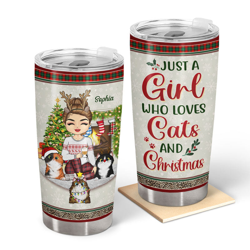 Just A Girl Boy Who Loves Cats And Christmas - Christmas Gift For Cat Lovers - Personalized Custom Tumbler