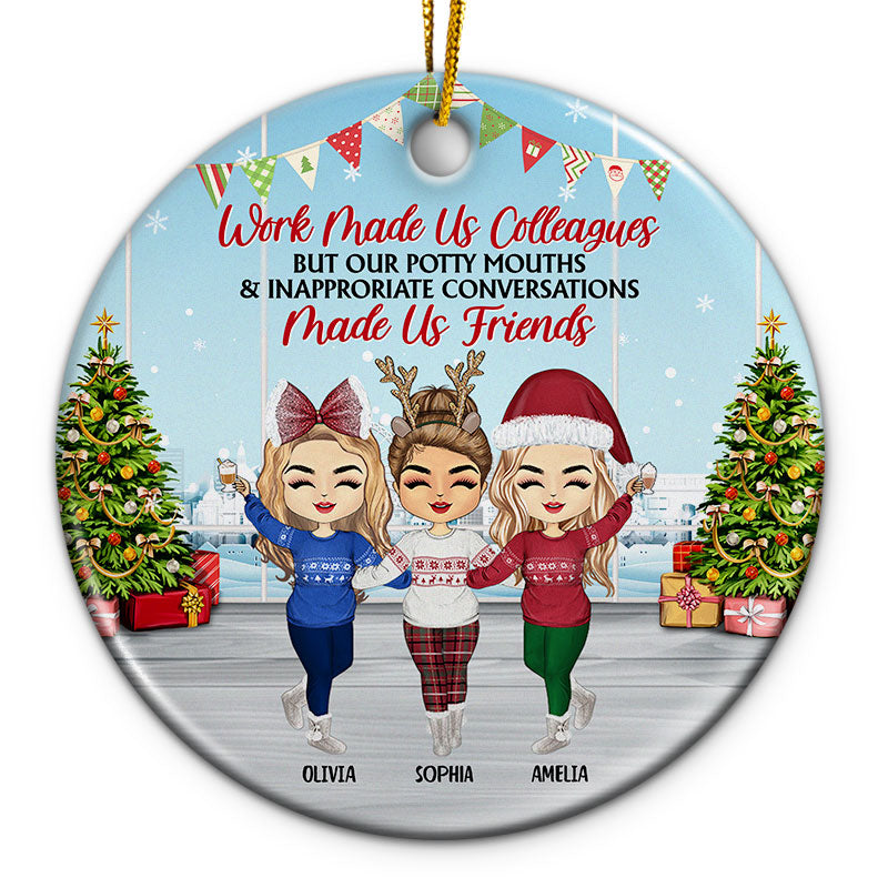 Work Made Us Colleagues - Christmas Gift For Co-worker And BFF - Personalized Custom Circle Ceramic Ornament