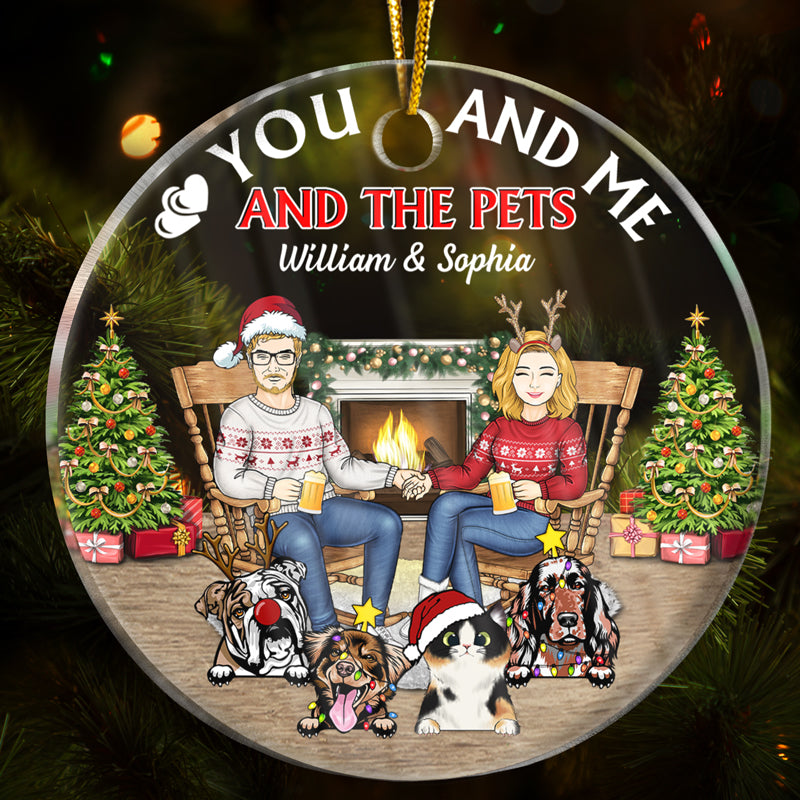 Christmas Couple You & Me And The Pets - Gift For Dog Lovers And Cat Lovers - Personalized Custom Circle Acrylic Ornament