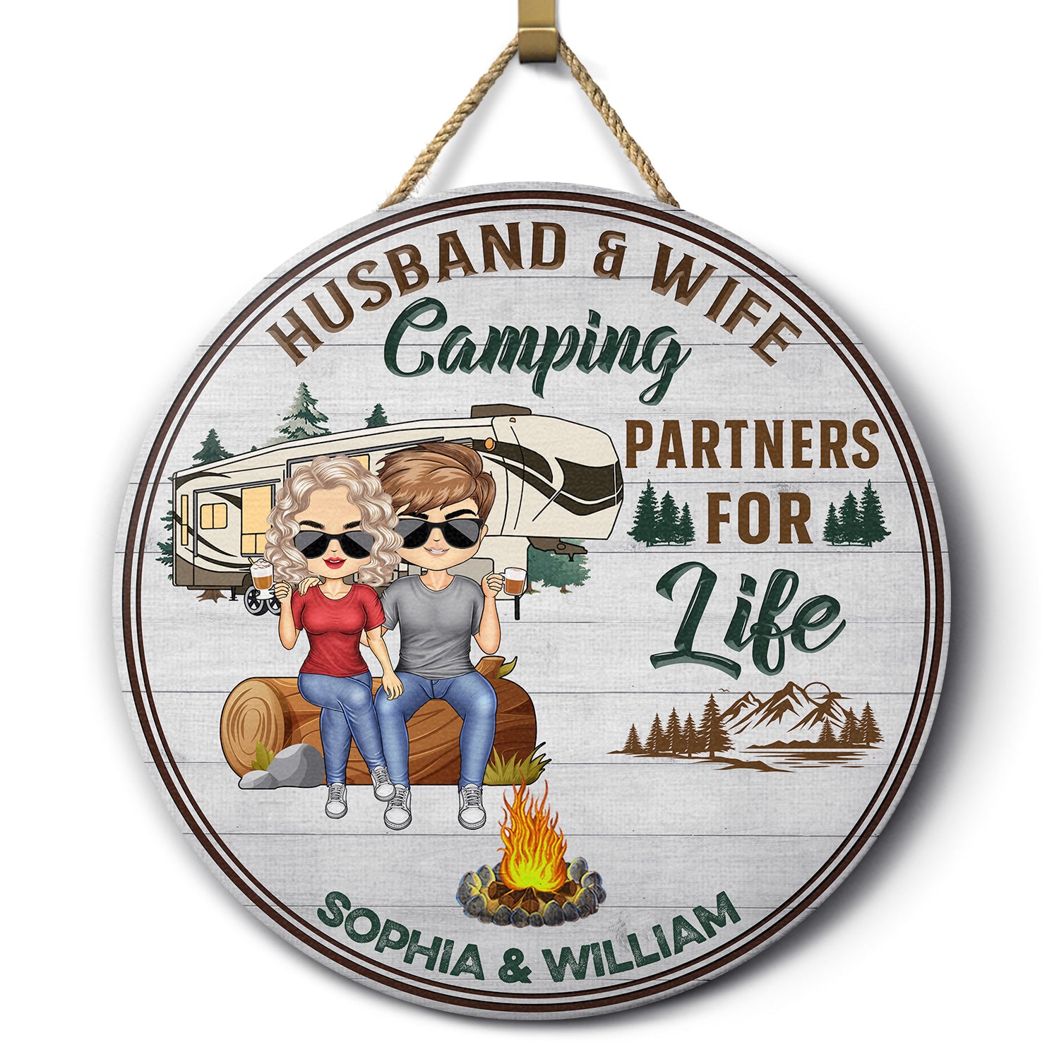 Husband And Wife Camping Partner For Life - Couple Gift - Personalized Custom Wood Circle Sign