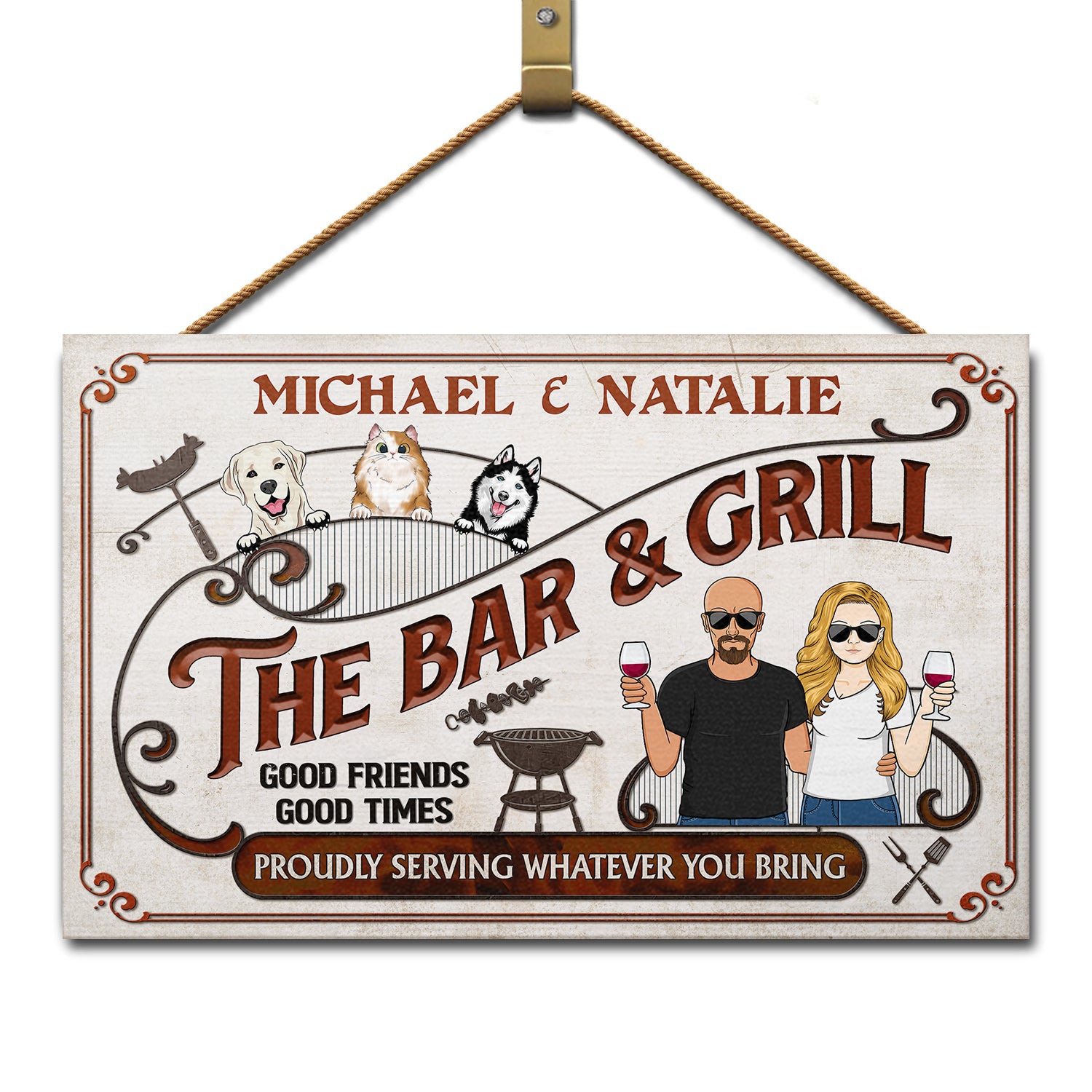 Grilling Proudly Serving Whatever You Bring - Cat, Dog Lover Couple Door Sign - Personalized Custom Wood Rectangle Sign