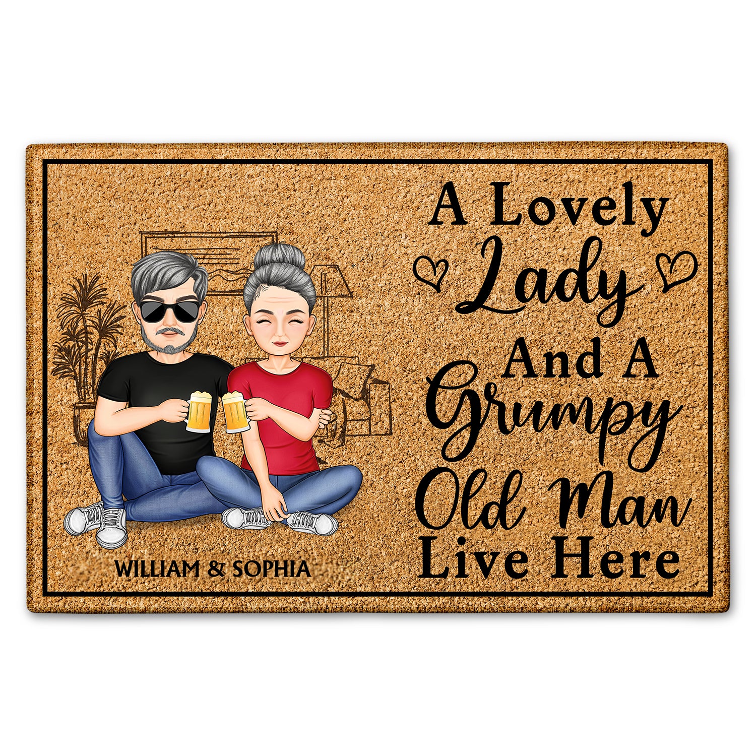 A Lovely Lady And A Grumpy Old Man Live Here Family - Anniversary, Birthday, Home Decor Gift For Spouse, Lover, Husband, Wife, Boyfriend, Girlfriend, Couple - Personalized Custom Doormat