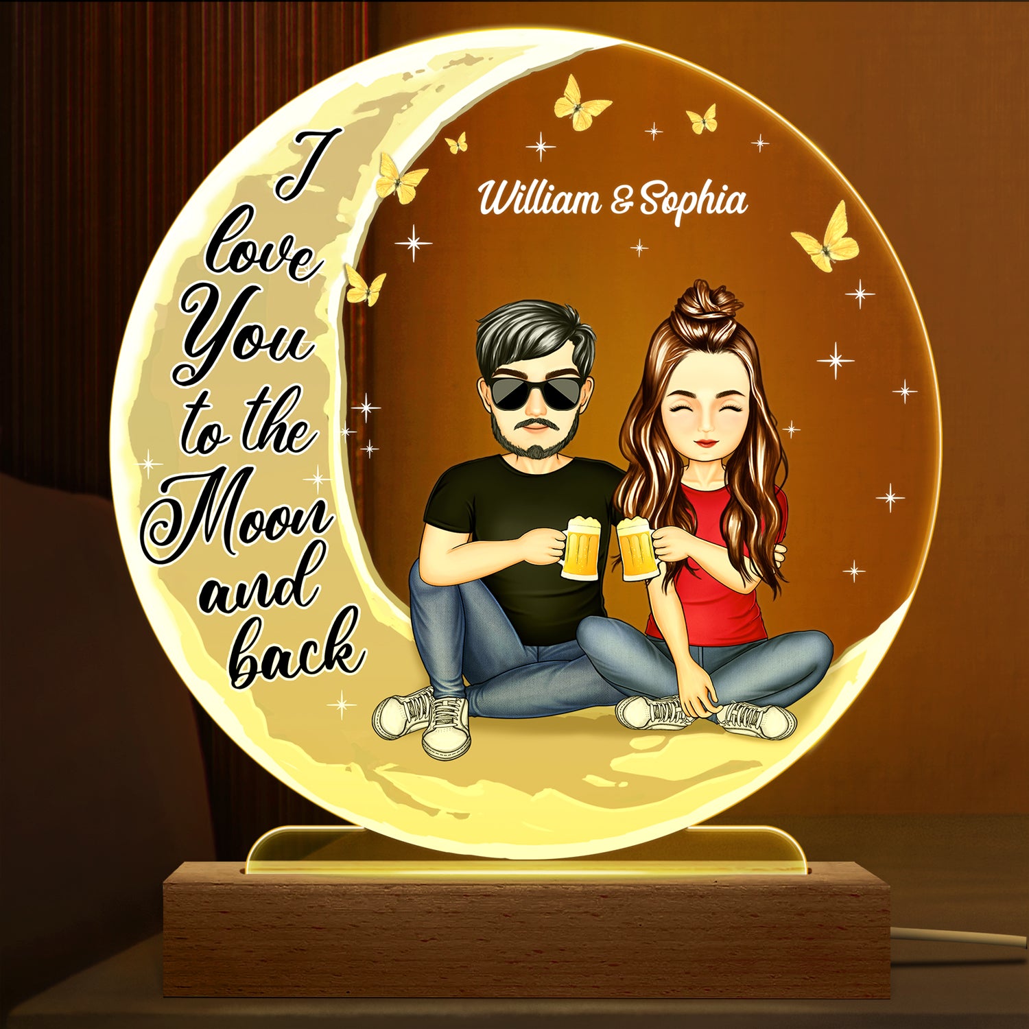 I Love You To The Moon And Back - Anniversary, Birthday Gift For Spouse, Lover, Husband, Wife, Boyfriend, Girlfriend, Couple - Personalized Custom 3D Led Light Wooden Base
