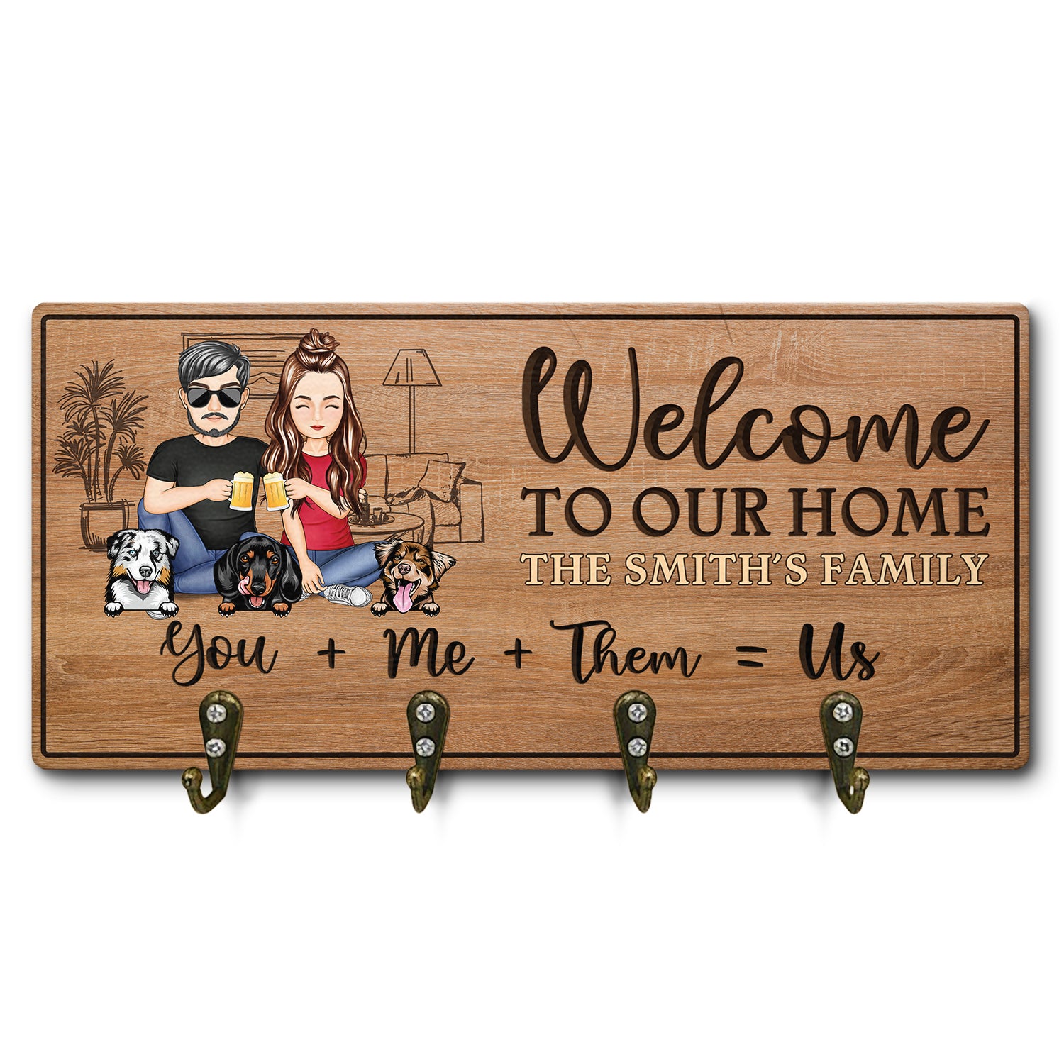 You Me Them Us Dogs Cats Family - Home Decor Gift For Family, Couple, Pet Lovers - Personalized Custom Wood Key Holder