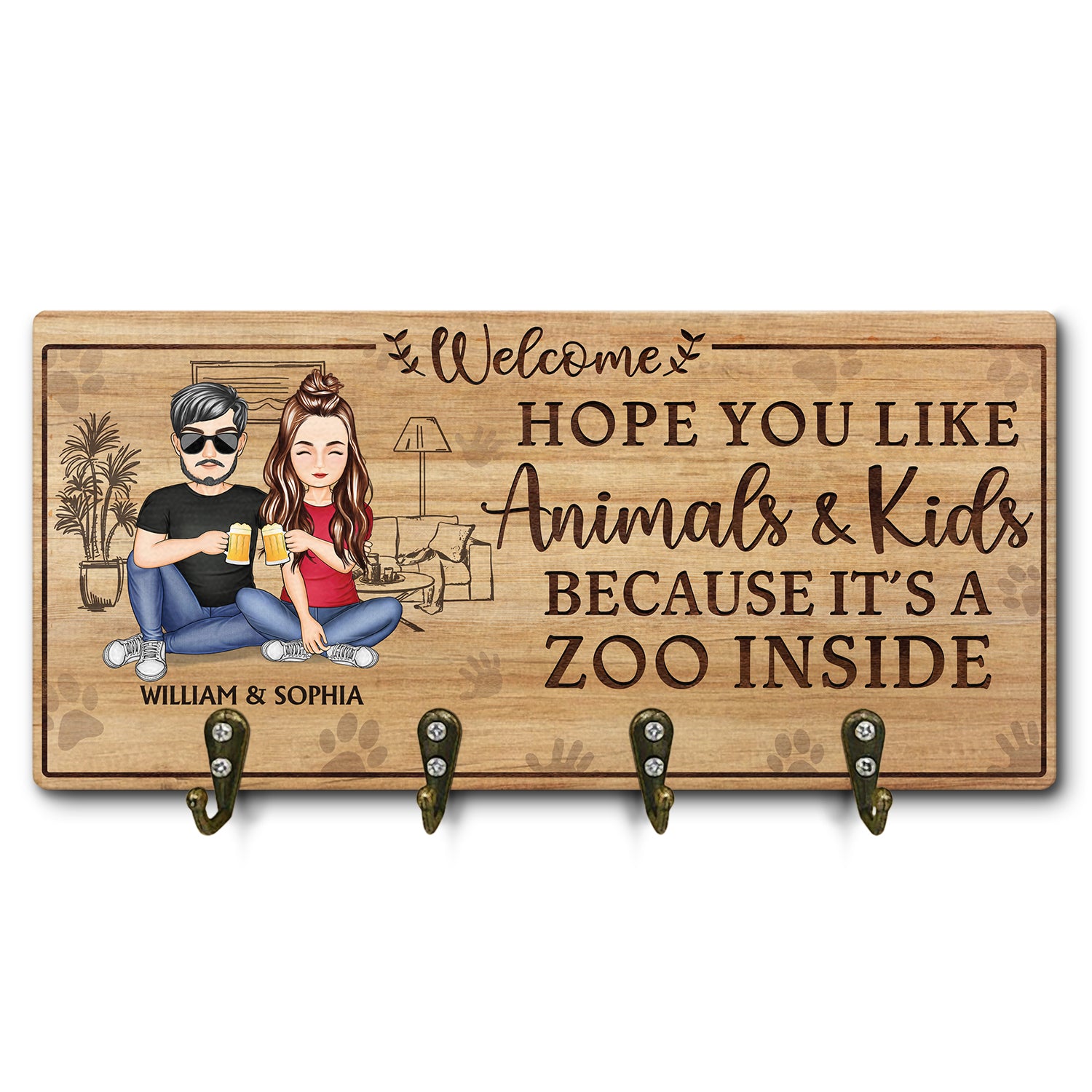Hope You Like Animals And Kids - Anniversary, Birthday, Home Decor Gift For Spouse, Lover, Husband, Wife, Boyfriend, Girlfriend, Couple - Personalized Custom Wood Key Holder