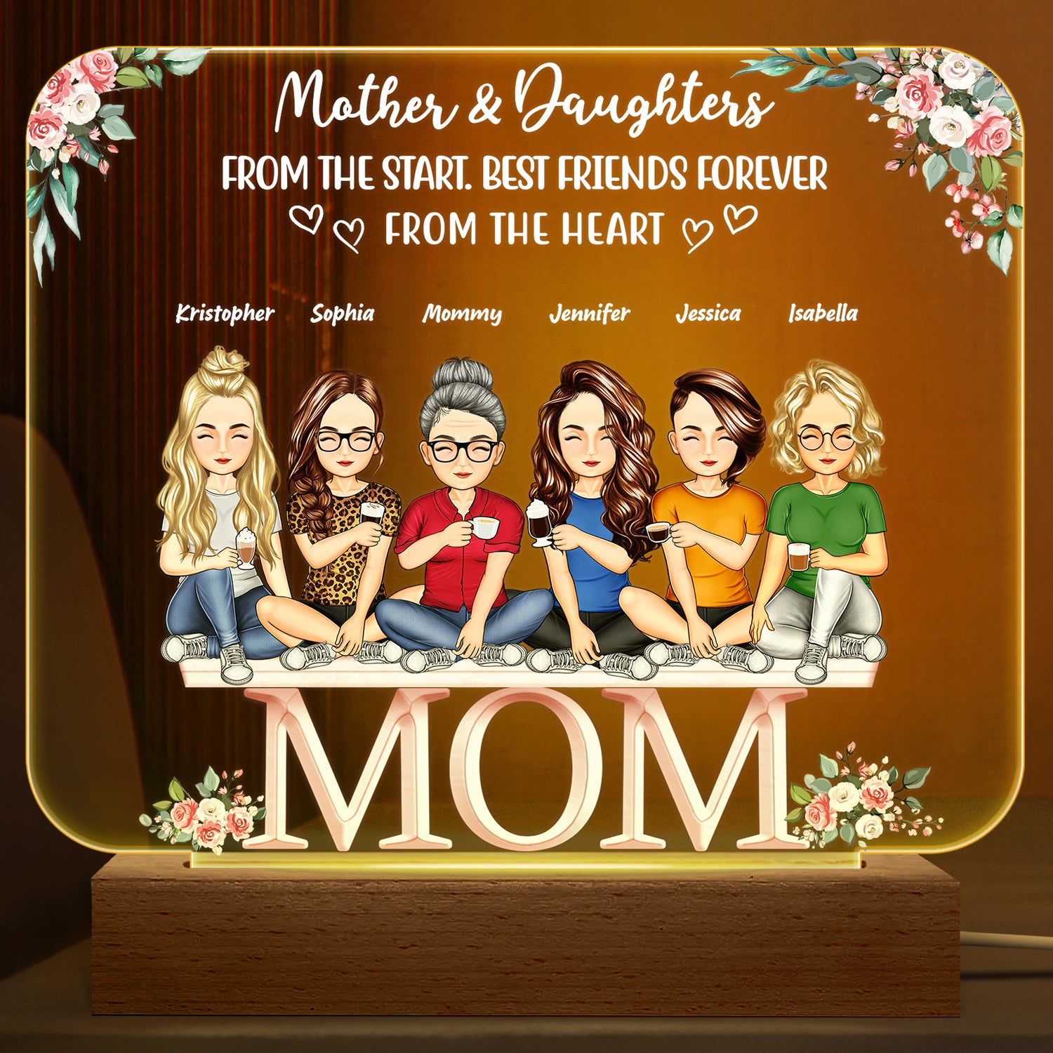 Mother And Daughters Sons Children From The Start - Birthday, Loving Gift For Mommy, Mother, Grandma, Grandmother - Personalized Custom 3D Led Light Wooden Base