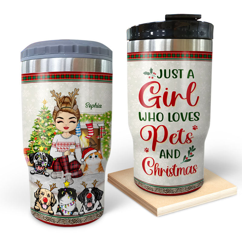 Just A Girl Boy Who Loves Dogs Cats And Christmas - Christmas Gift For Dog Lovers And Cat Lovers - Personalized Custom Triple 3 In 1 Can Cooler