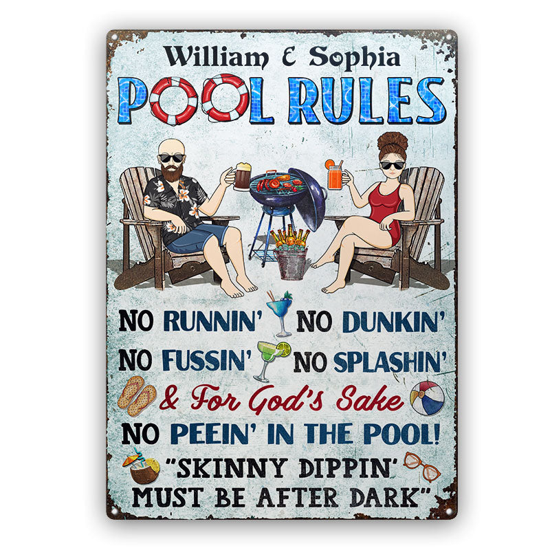 Pool Rules Grilling No Running No Splashing No Dunking Couple Husband Wife - Backyard Sign - Personalized Custom Classic Metal Signs