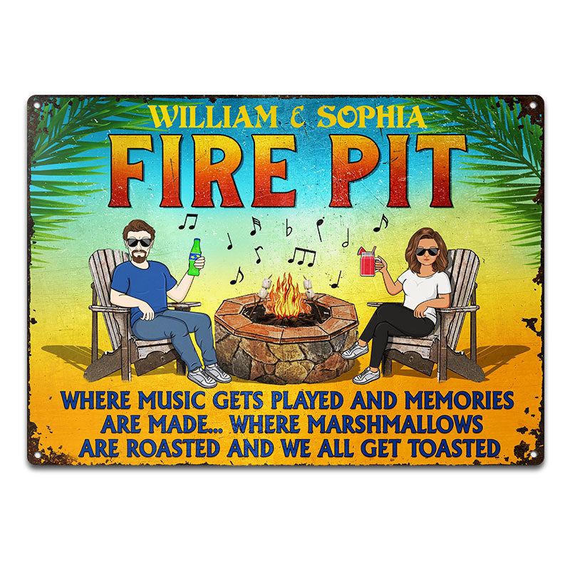Fire Pit Where Music Gets Played Husband Wife Camping Couple Summer - Backyard Sign - Personalized Custom Classic Metal Signs
