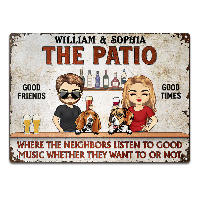 Where The Neighbors Listen To Good Music Chibi Couple Husband Wife Dog Lovers - Backyard Sign - Personalized Custom Classic Metal Signs