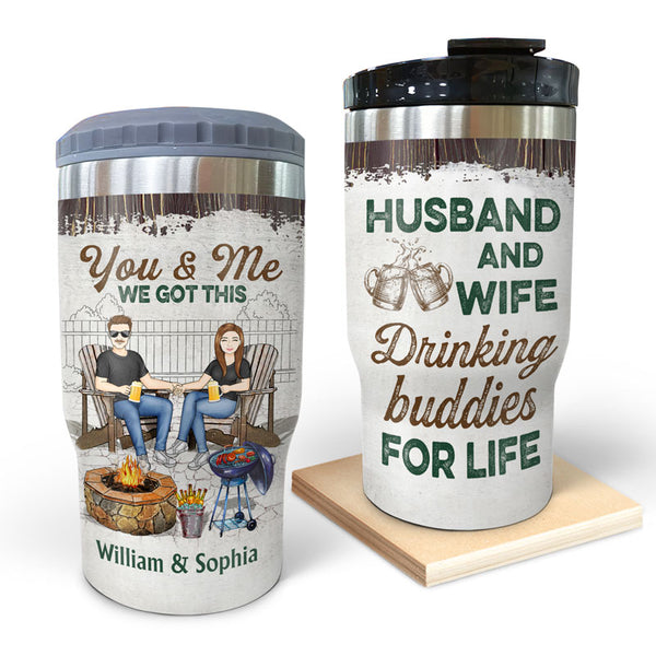 Drinking Buddies Husband Wife - Couple Personalized Custom 4 In 1 Can  Cooler Tumbler - Gift For Husband Wife, Anniversary