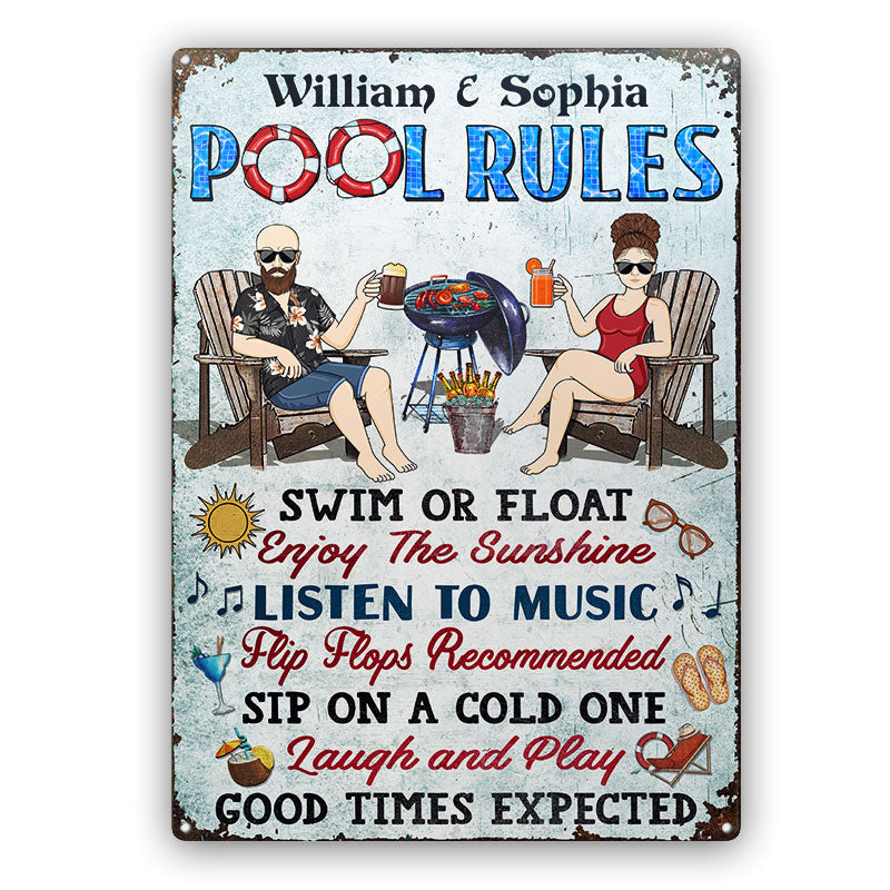 Pool Rules Grilling Swim Or Float Enjoy The Sunshine Couple Husband Wife - Backyard Sign - Personalized Custom Classic Metal Signs