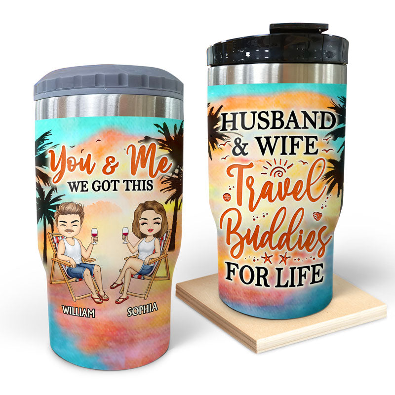 Husband & Wife Travel Buddies For Life Traveling - Couple Gift - Personalized Custom Triple 3 In 1 Can Cooler