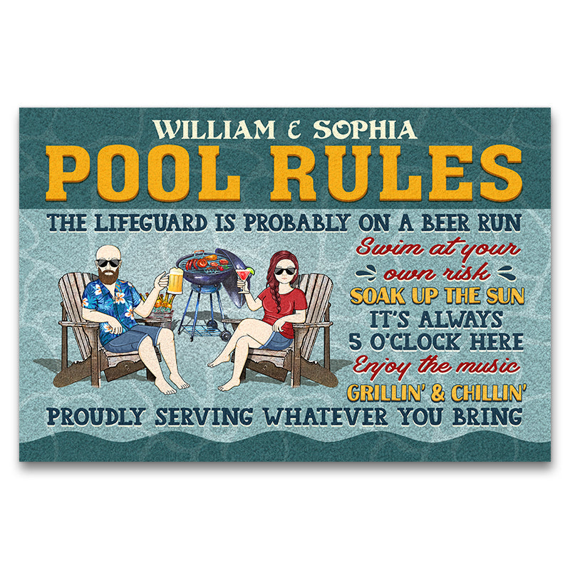 Pool Rules Swim At Your Own Risk Grilling Couple Husband Wife - Personalized Custom Doormat
