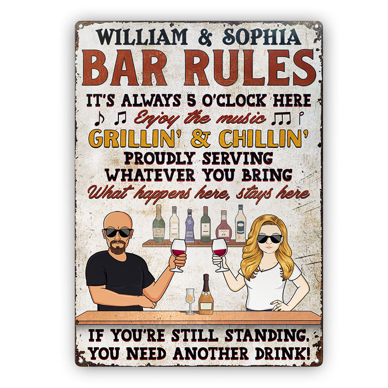 Bar Rules What Happens Here Stays Here Grilling Patio Couple Husband Wife - Backyard Sign - Personalized Custom Classic Metal Signs