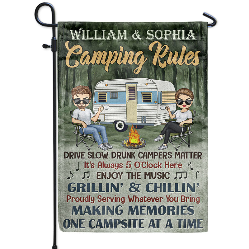 Camping Rules Drive Slow Drunk Campers Matter Chibi Couple - Camping Gift - Personalized Custom Flag