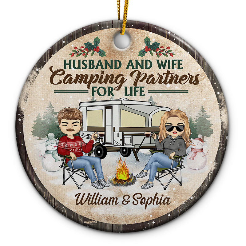 Husband And Wife Camping Partners For Life - Christmas Gift For Camping Couples - Personalized Custom Circle Ceramic Ornament
