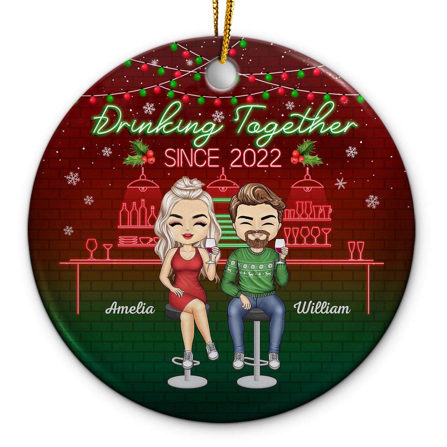 Drinking Together Since Christmas Husband Wife - Couple Gift - Personalized Custom Circle Ceramic Ornament