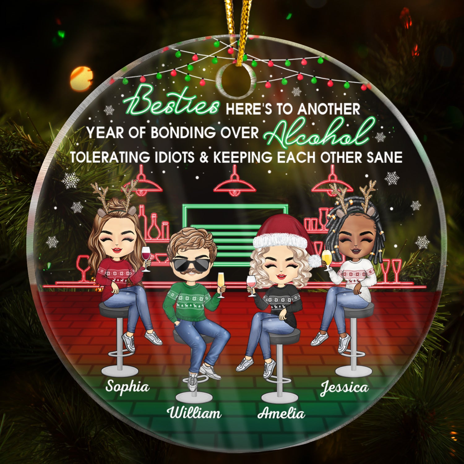 Besties Here's To Another Year Of Bonding Over Alcohol Christmas Best Friends - Bestie BFF Gift - Personalized Custom Circle Acrylic Ornament