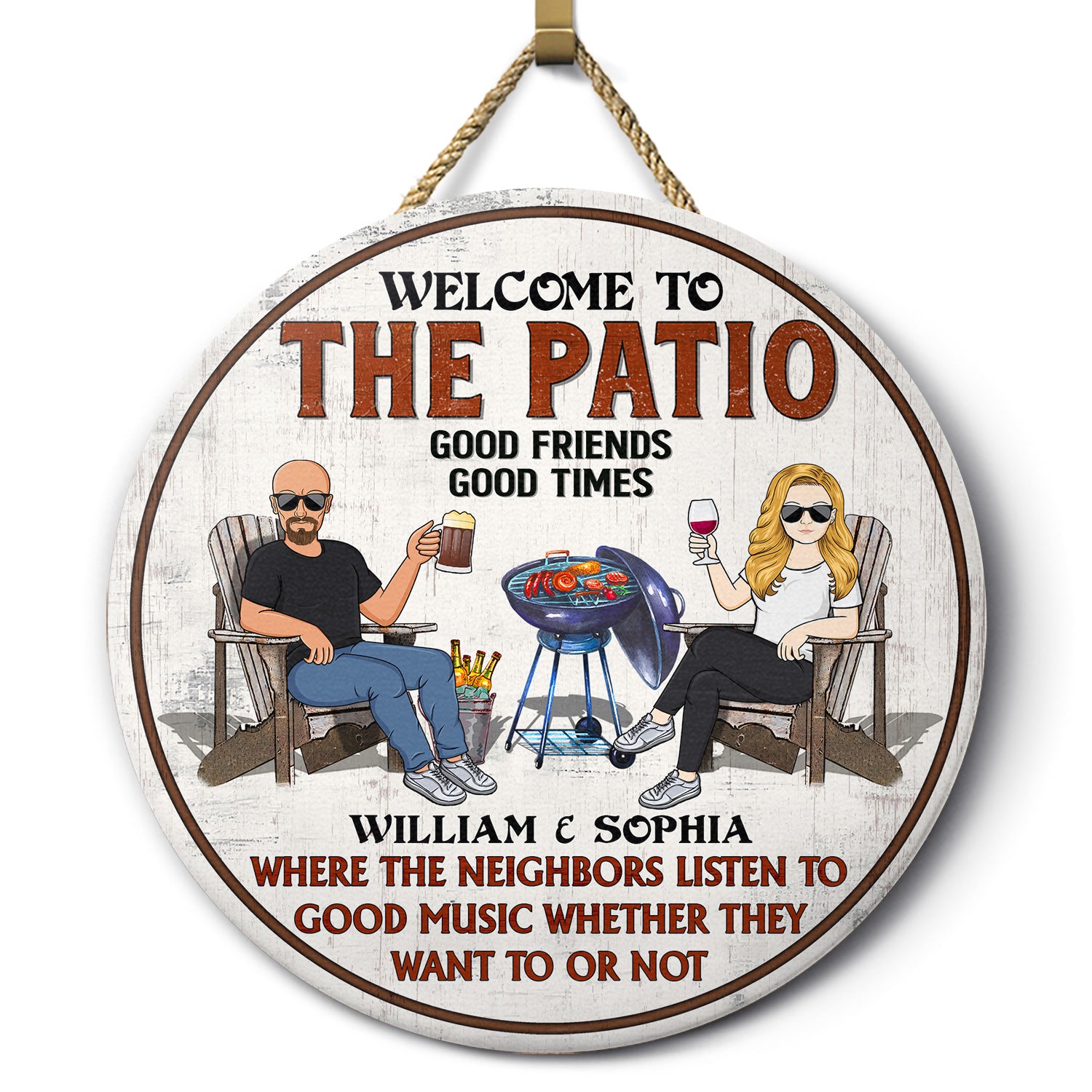 Patio Grilling Listen To Good Music Couple Husband Wife - Backyard Sign - Personalized Custom Wood Circle Sign