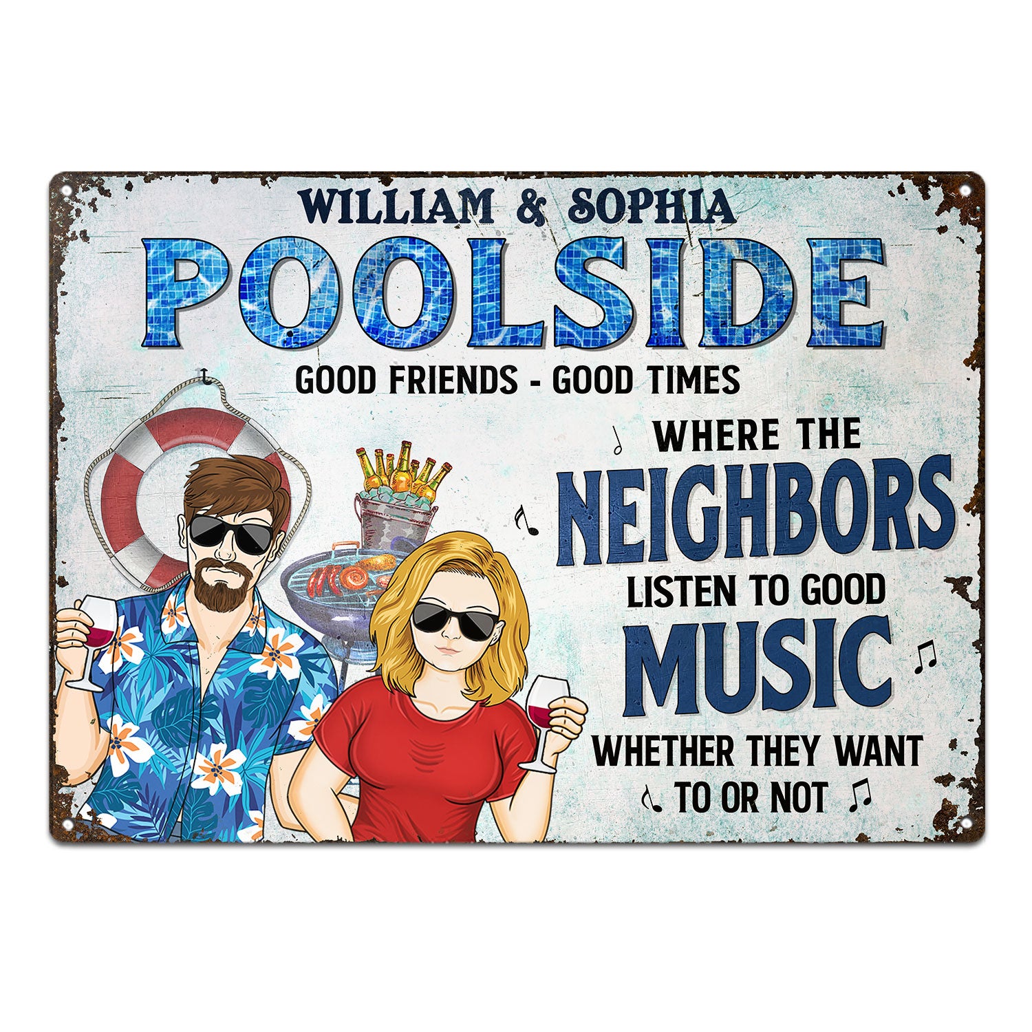 Poolside Grilling Listen To The Good Music - Home Decor, Backyard Decor, Gift For Couples, Husband, Wife - Personalized Custom Classic Metal Signs