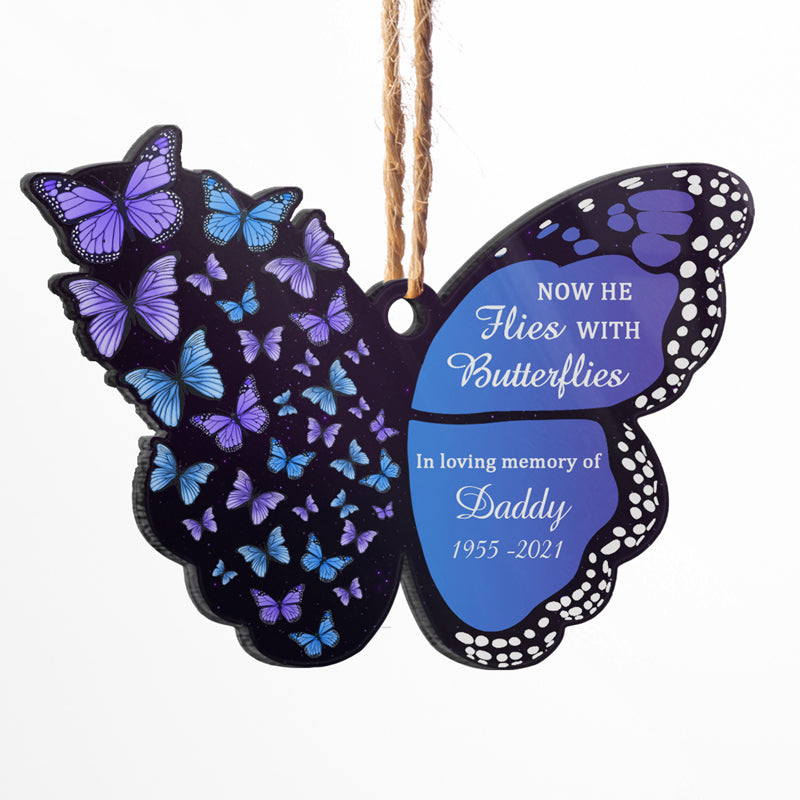 Now She Flies With Butterflies - Memorial Gift - Personalized Custom Butterfly Acrylic Ornament