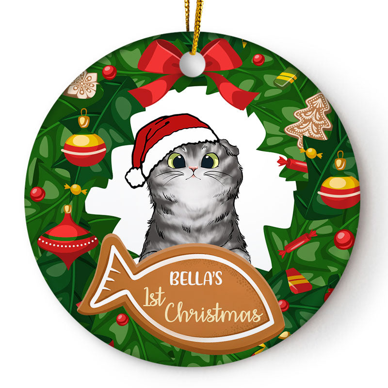 Cat First Christmas - Cat Lovers Christmas Gift - Personalized Custom Circle Ceramic Ornament