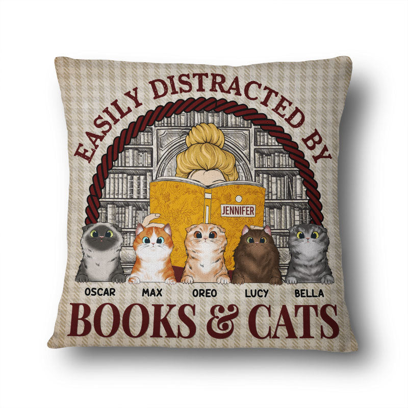 Distracted By Books & Cats - Gift For Book & Cat Lover - Personalized Custom Pillow