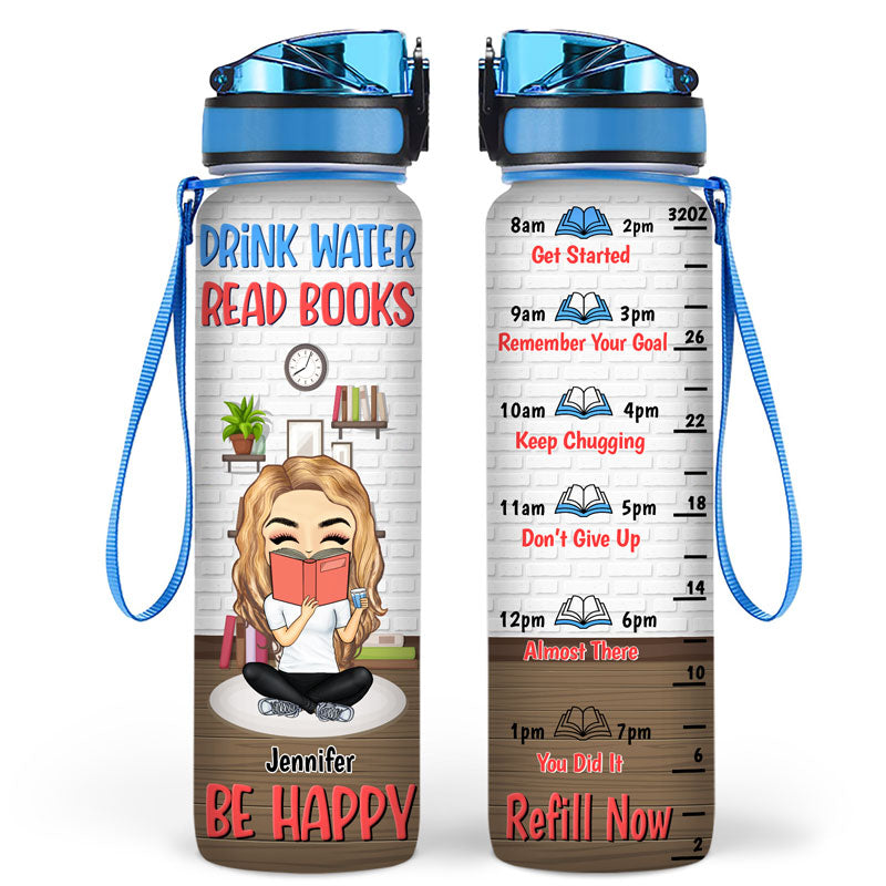 Chibi Girl Read Books Be Happy - Book Lovers Gift - Personalized Custom Water Tracker Bottle