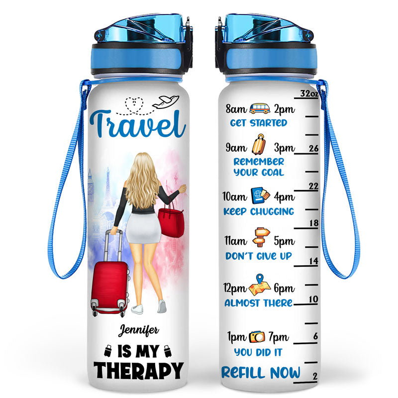 Travel Is My Therapy - Gift For Traveling Lovers - Personalized Custom Water Tracker Bottle