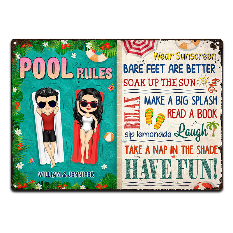 Pool Rules Soak Up The Sun Couple Husband Wife - Backyard Sign - Personalized Custom Classic Metal Signs