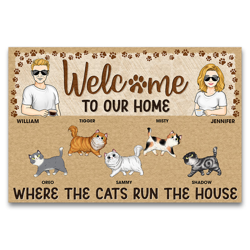 Couple Welcome Where The Cats Run The House Husband Wife - Gift For Cat Lovers - Personalized Custom Doormat
