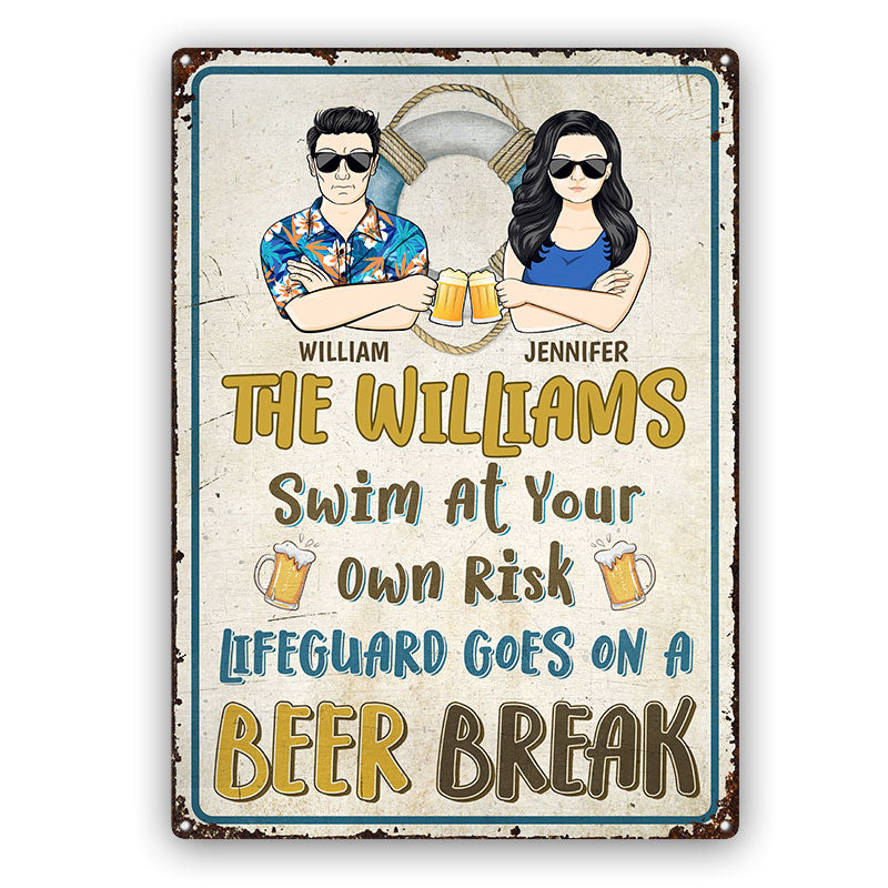 Poolside Swim At Your Own Risk - Gift For Couple - Personalized Custom Classic Metal Signs