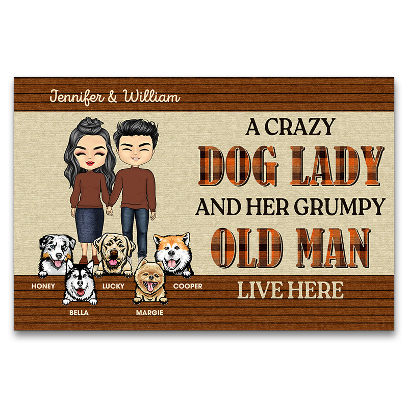Chibi Couple Crazy Dog Lady And Her Grumpy Old Man - Gift For Dog Lovers - Personalized Custom Doormat