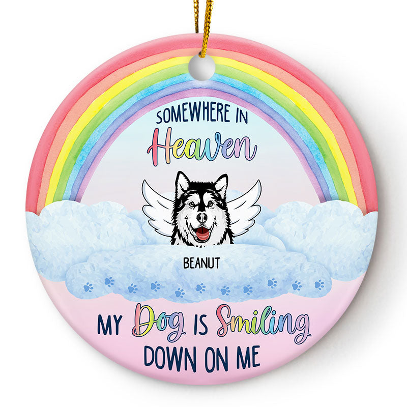 My Dog Is Smiling Down On Me Memorial Dog - Memorial Gift For Dog Lovers - Personalized Custom Circle Ceramic Ornament