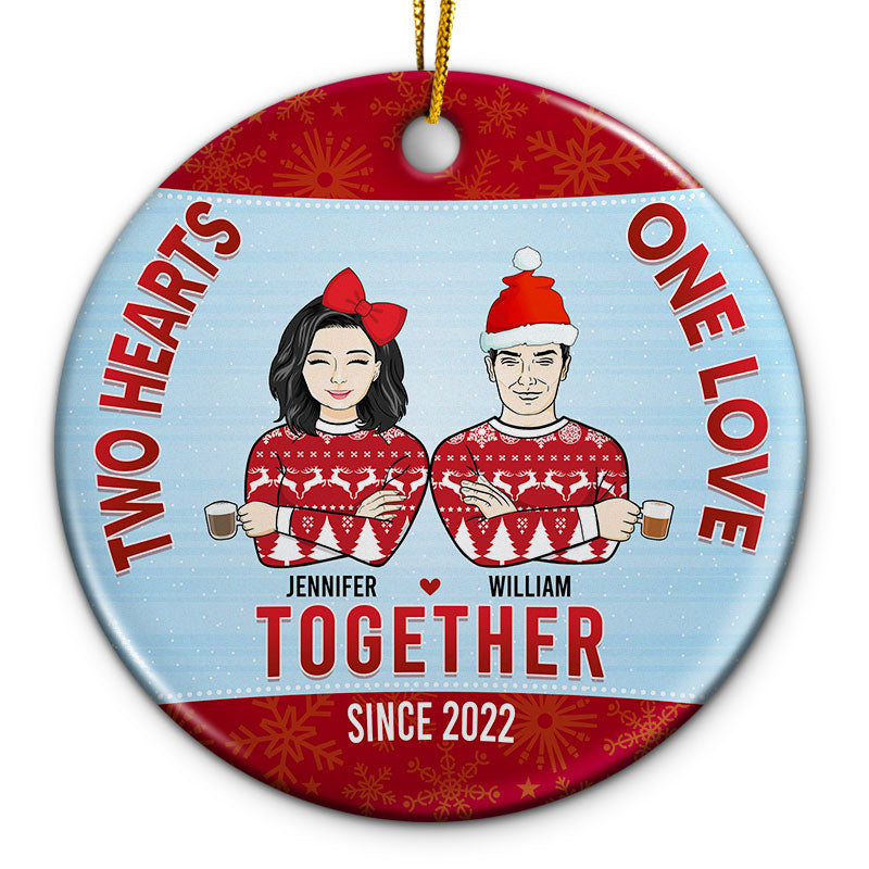 Couple Two Hearts One Love Together - Couple Christmas Gift - Personalized Custom Circle Ceramic Ornament