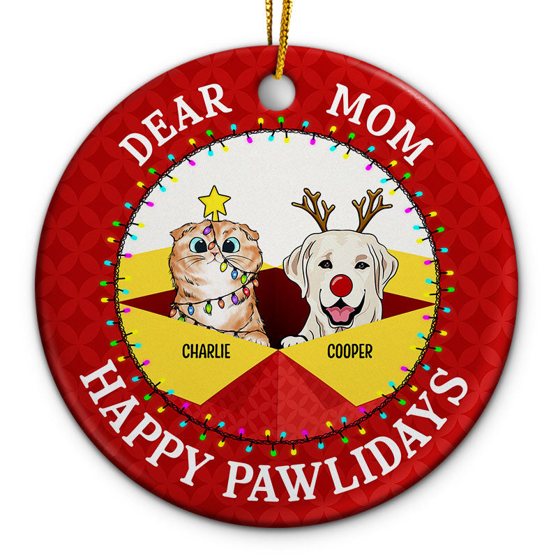 Family Dog Cat Happy Pawlidays - Christmas Gift For Cat Lovers And Dog Lovers - Personalized Custom Circle Ceramic Ornament