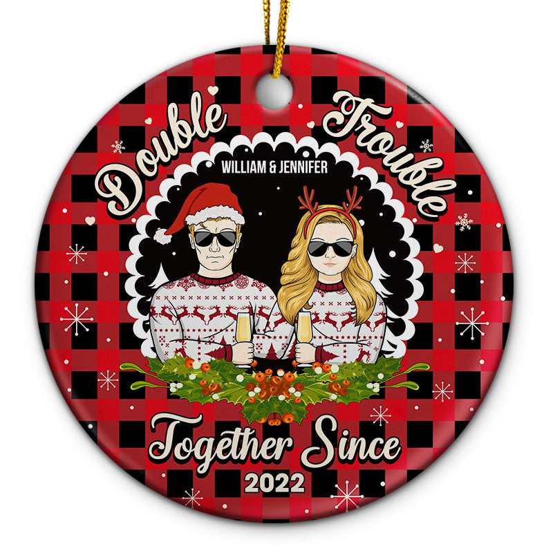 Double Trouble Couple - Christmas Gift For Couple - Personalized Custom Circle Ceramic Ornament
