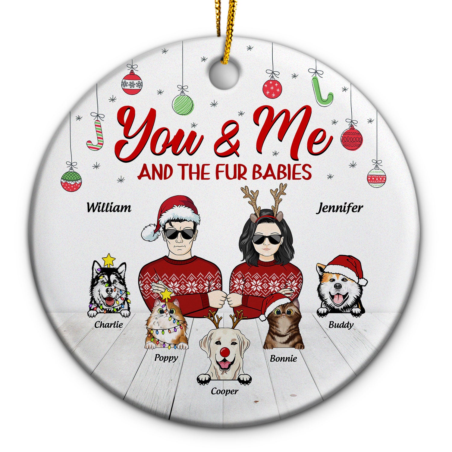 Couple You & Me And The Fur Babies - Christmas Gift For Dog & Cat Lovers - Personalized Custom Circle Ceramic Ornament