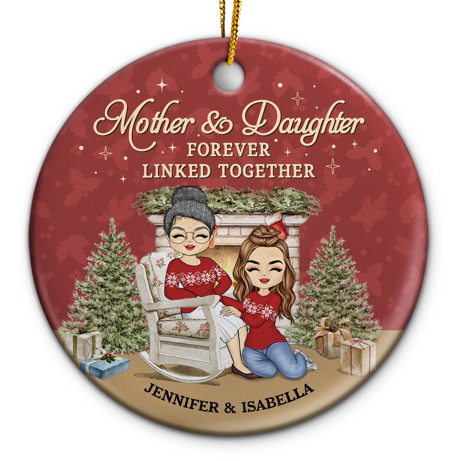 Family Mother Son Daughter Forever Linked Together - Christmas Gift For Mother - Personalized Custom Circle Ceramic Ornament