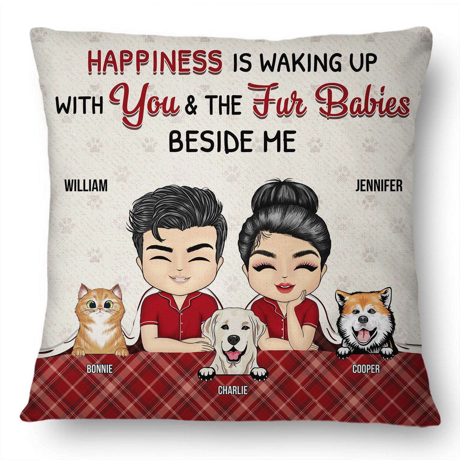 Couple Waking Up With You & The Fur Babies - Gift For Dog & Cat Lovers - Personalized Custom Pillow