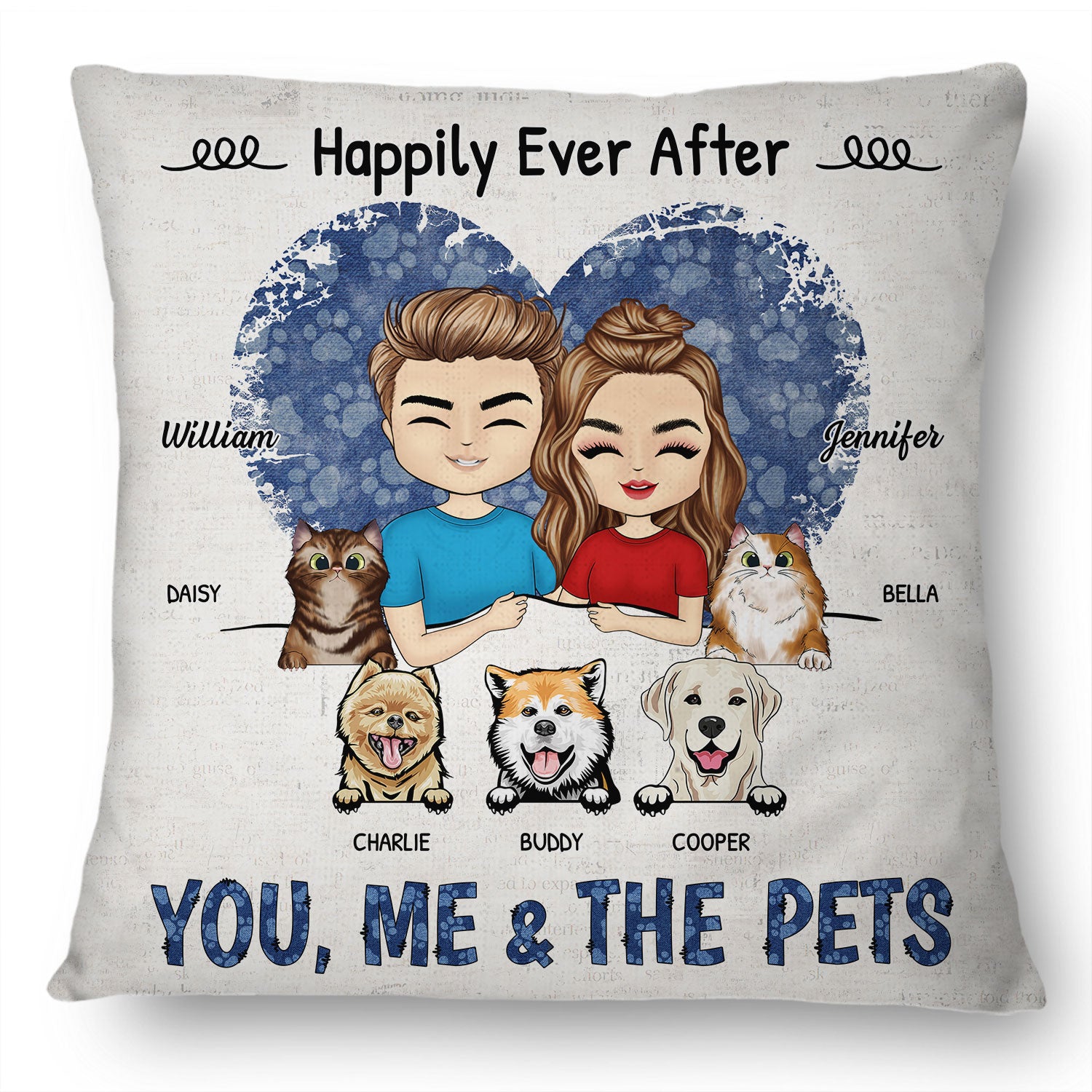 Happily Ever After Couple With Dog Cat - Gift For Couples & Pet Lovers - Personalized Custom Pillow