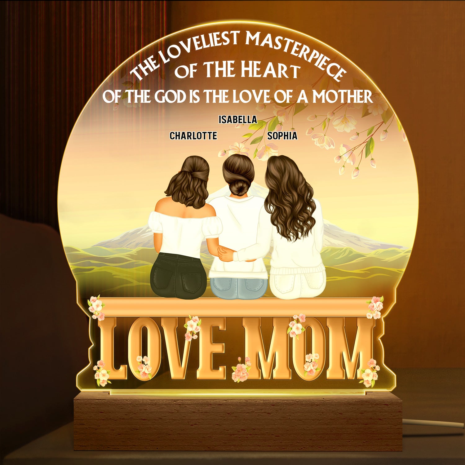 The Loveliest Masterpiece Of The Heart Of God Is The Love Of A Mother - Mother Gift - Personalized Custom 3D Led Light Wooden Base